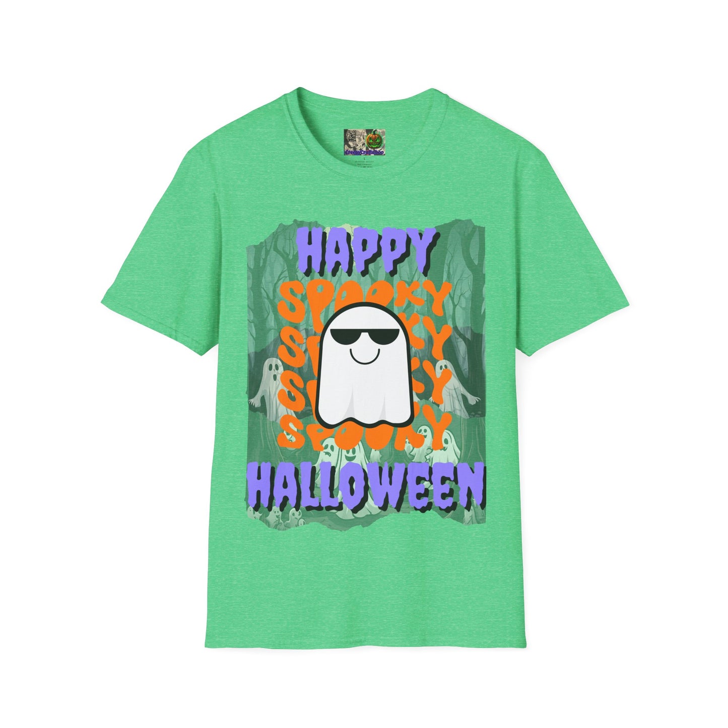 Spooky Happy Halloween Ghost Dark colors Purple font Unisex T-Shirt by CreepyCrafts.boo