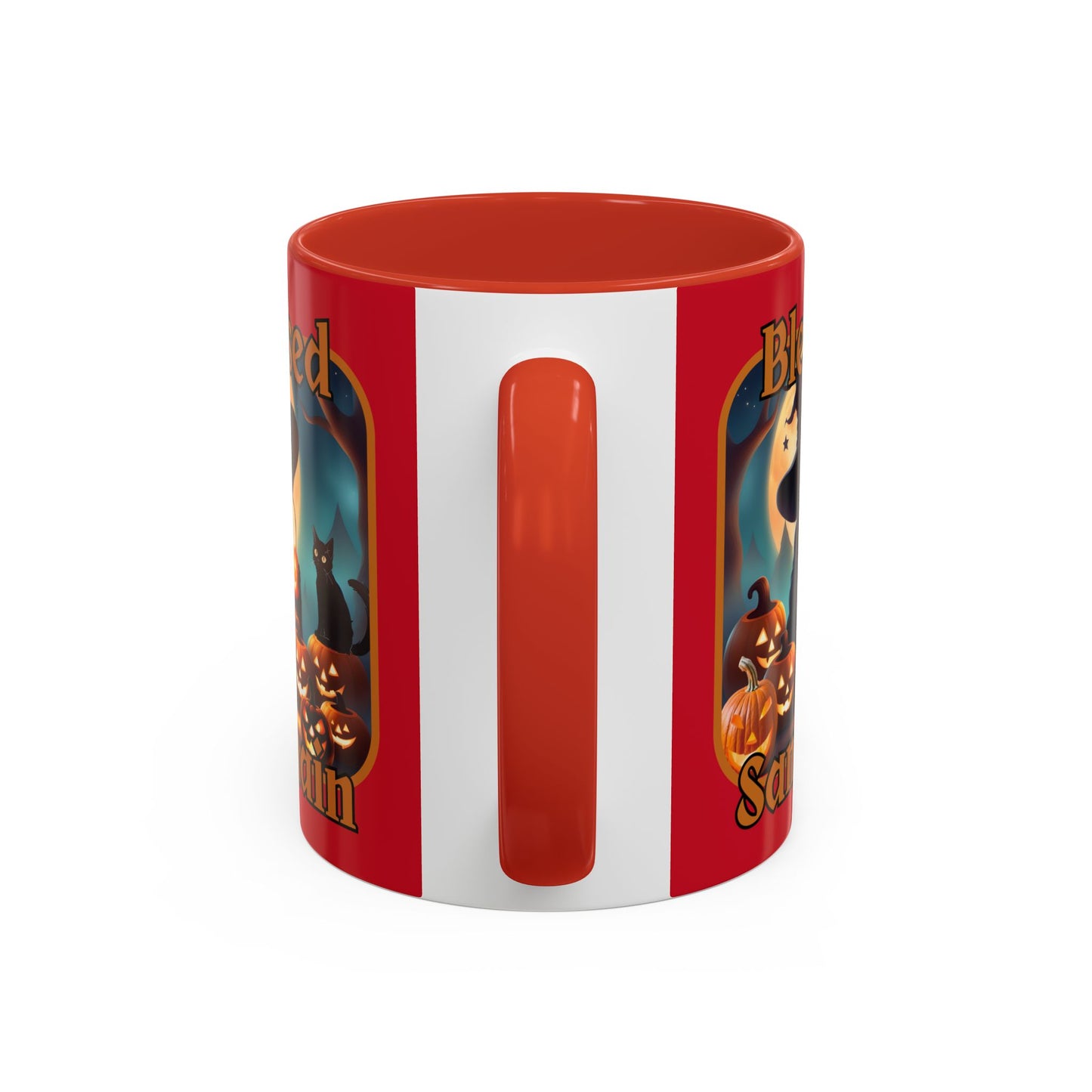 Blessed Samhain Cute Witch Orange font Red Accent Mug by CreepyCrafts.boo