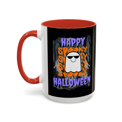 Spooky Happy Halloween Ghost Purple font Black Accent Mug by CreepyCrafts.boo