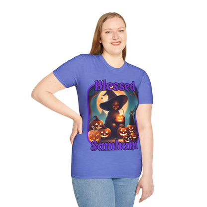 Blessed Samhain Cute Witch Purple font Light colors Unisex T-Shirt by CreepyCrafts.boo