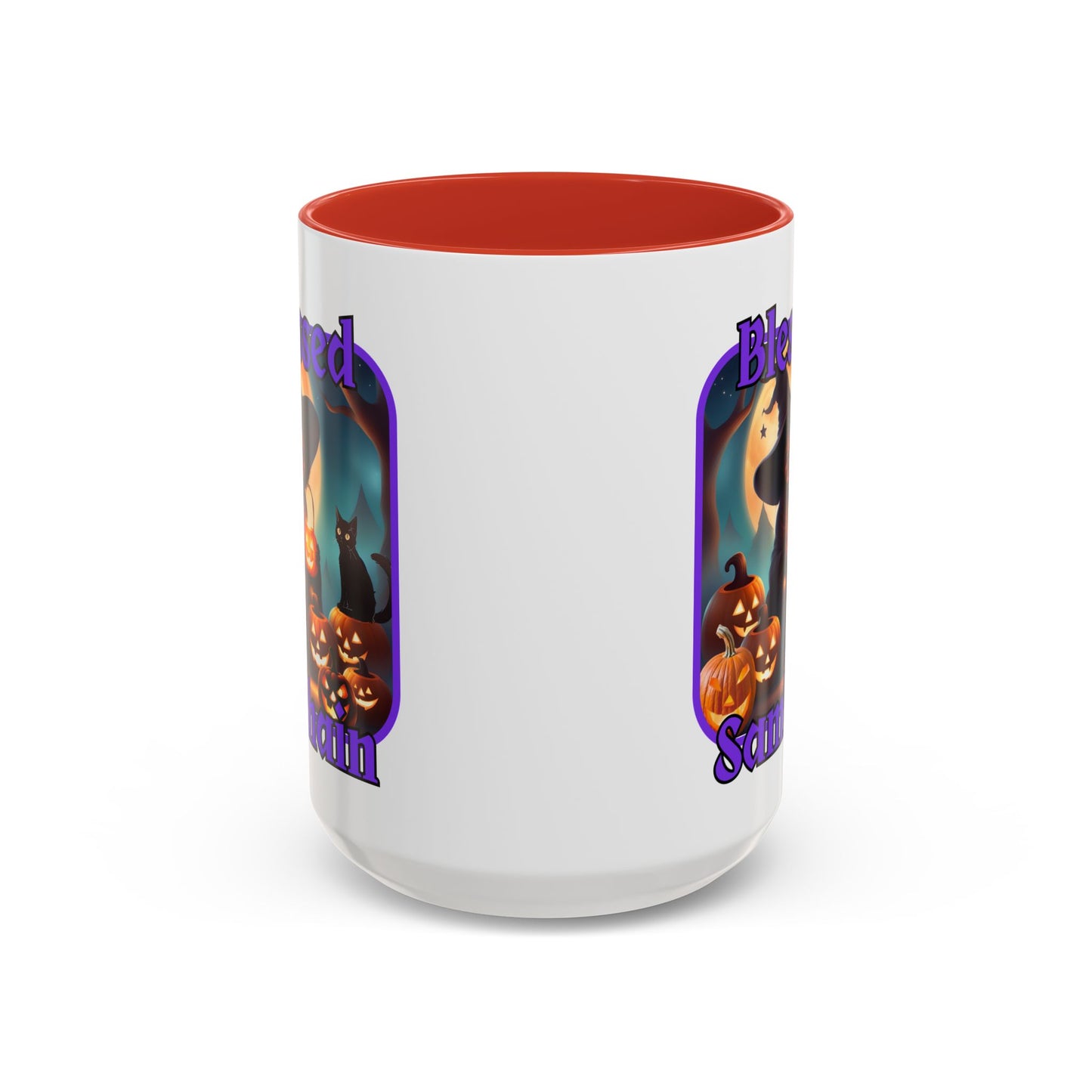 Blessed Samhain Cute Witch Purple font White Accent Mug by CreepyCrafts.boo
