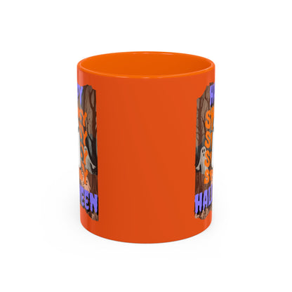 Spooky Happy Halloween Ghost Purple font Orange Accent Mug by CreepyCrafts.boo