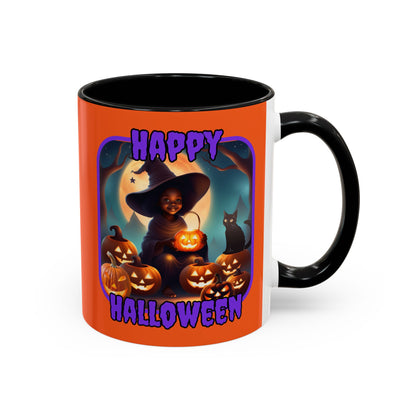 Happy Halloween Cute Witch Purple font Orange Accent Mug by CreepyCrafts.boo