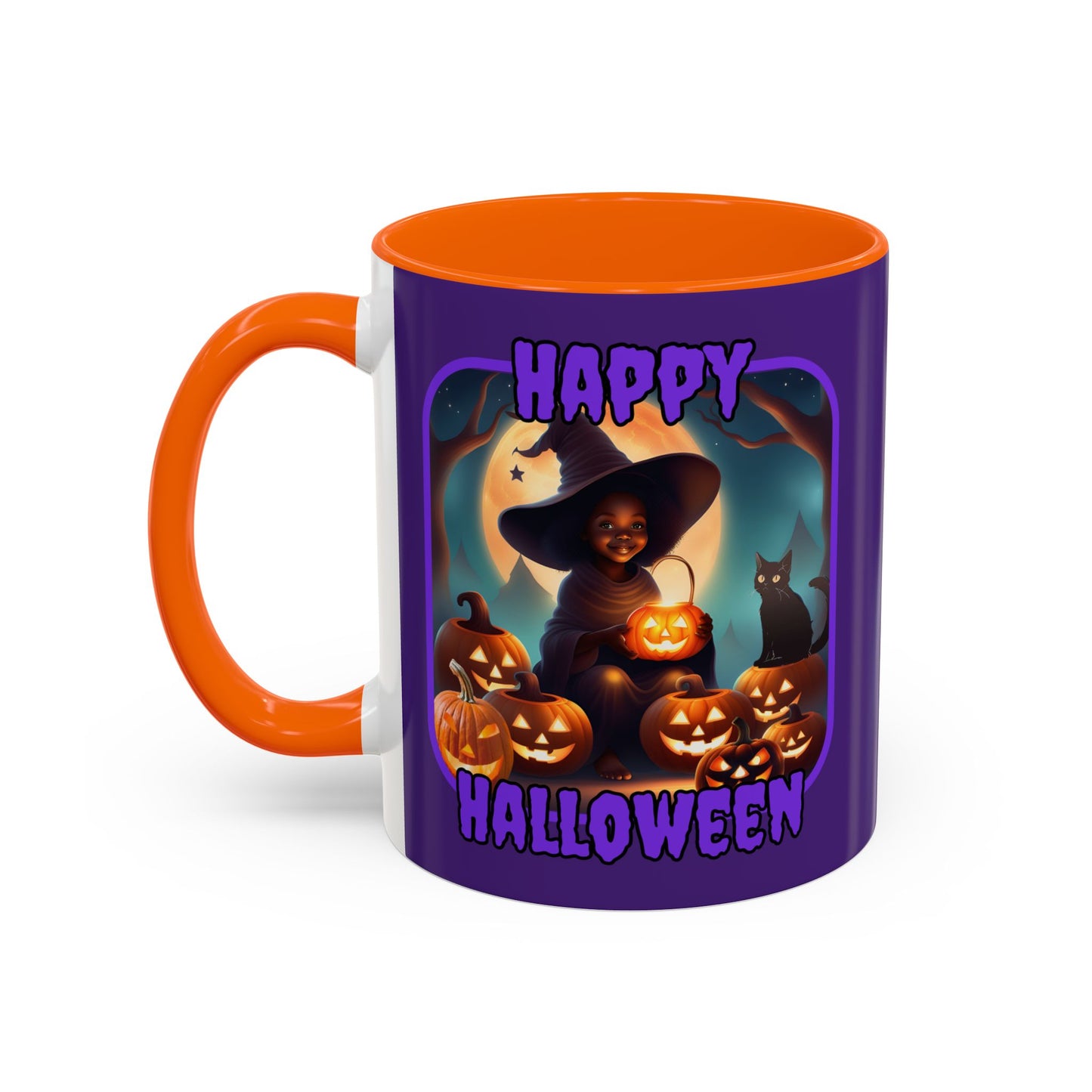 Happy Halloween Cute Witch Purple font Purple Accent Mug by CreepyCrafts.boo