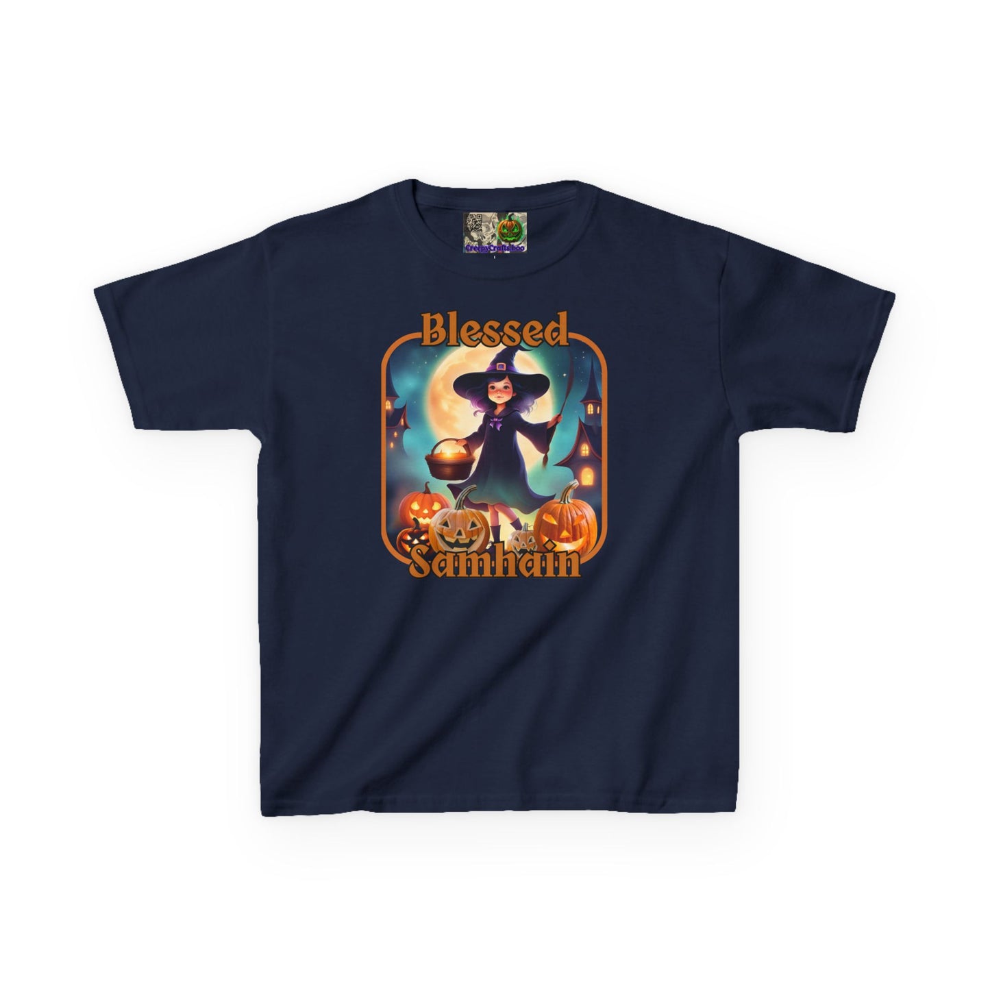 Blessed Samhain Little Witch Orange font Kids Heavy Cotton™ Tee by CreepyCrafts.boo