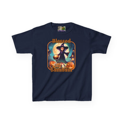 Blessed Samhain Little Witch Orange font Kids Heavy Cotton™ Tee by CreepyCrafts.boo