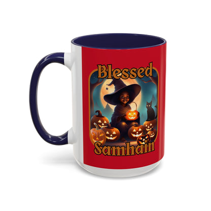 Blessed Samhain Cute Witch Orange font Red Accent Mug by CreepyCrafts.boo