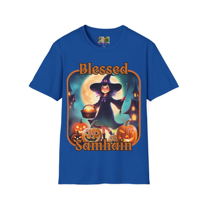 Blessed Samhain Little Witch Orange font Dark colors Unisex T-Shirt by CreepyCrafts.boo