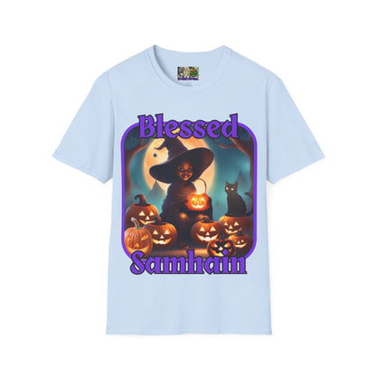 Blessed Samhain Cute Witch Purple font Light colors Unisex T-Shirt by CreepyCrafts.boo