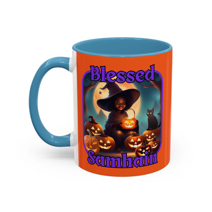 Blessed Samhain Cute Witch Purple font Orange Accent Mug by CreepyCrafts.boo
