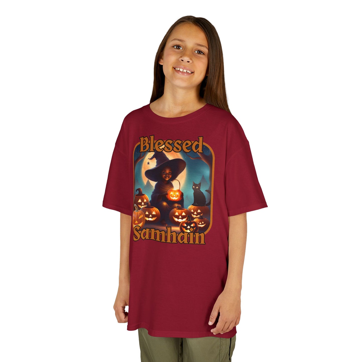 Blessed Samhain Cute Witch Orange font Kids Heavy Cotton™ Tee by CreepyCrafts.boo