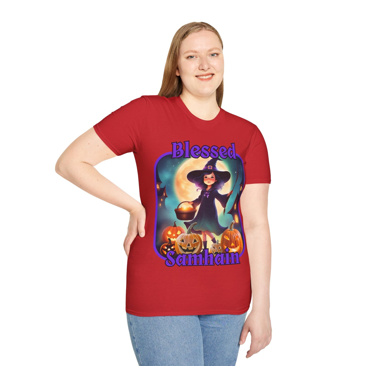 Blessed Samhain Little Witch Purple font Light colors Unisex T-Shirt by CreepyCrafts.boo