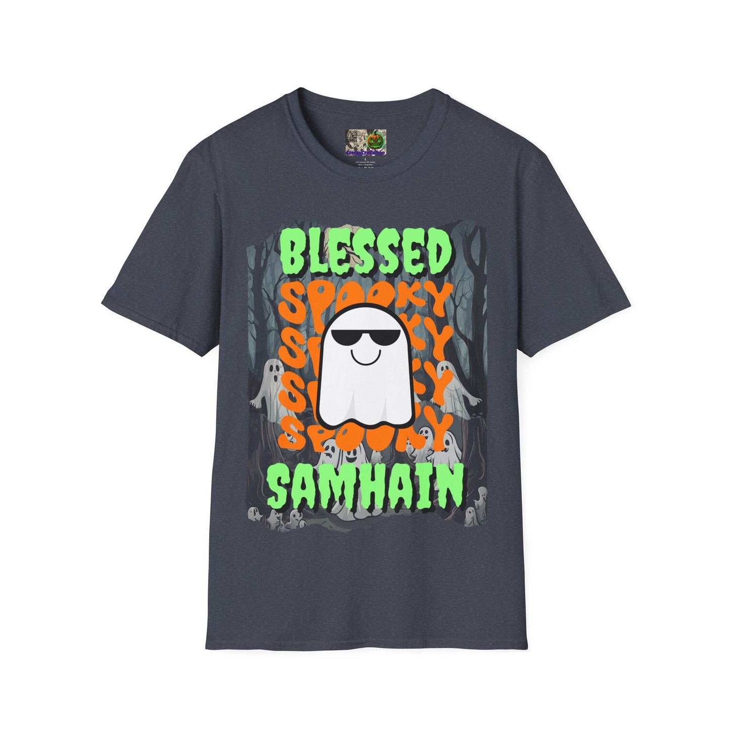 Spooky Blessed Samhain Ghost Green font Unisex T-Shirt by CreepyCrafts.boo