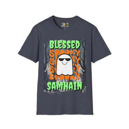 Spooky Blessed Samhain Ghost Green font Unisex T-Shirt by CreepyCrafts.boo