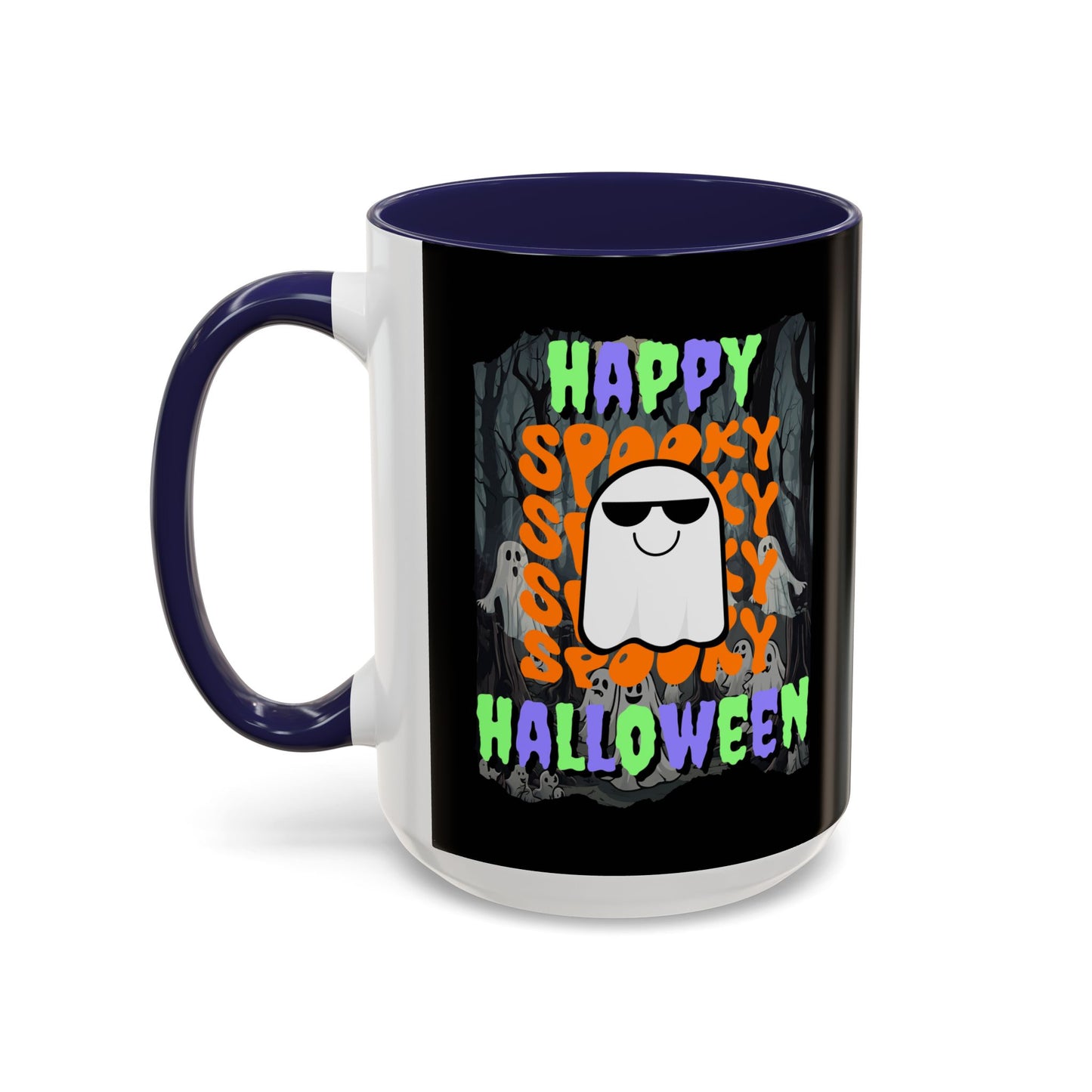 Spooky Happy Halloween Ghost Mixed font Black Accent Mug by CreepyCrafts.boo