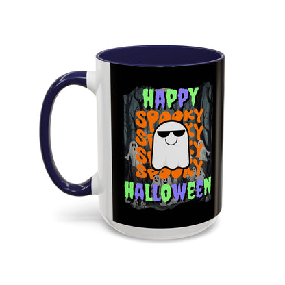 Spooky Happy Halloween Ghost Mixed font Black Accent Mug by CreepyCrafts.boo