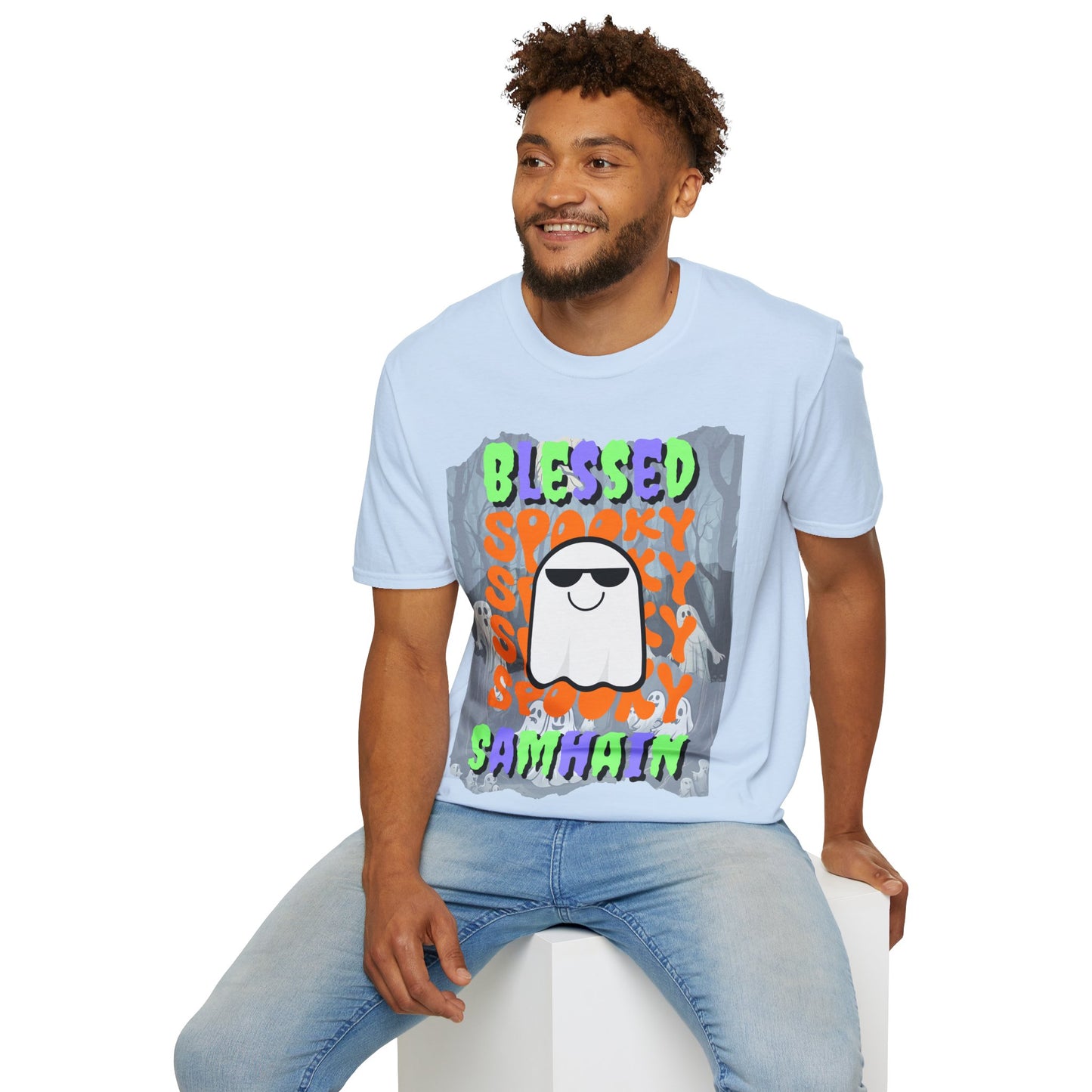 Spooky Blessed Samhain Ghost Mixed font Unisex T-Shirt by CreepyCrafts.boo