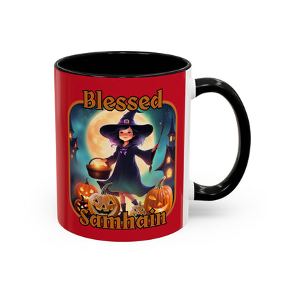 Blessed Samhain Little Witch Orange font Red Accent Mug by CreepyCrafts.boo