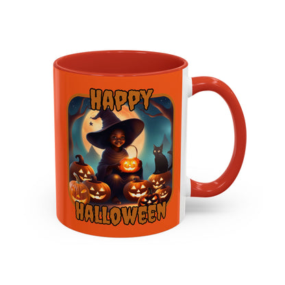 Happy Halloween Cute Witch Orange font Orange Accent Mug by CreepyCrafts.boo