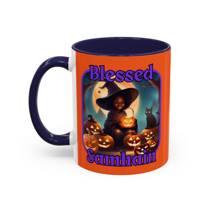 Blessed Samhain Cute Witch Purple font Orange Accent Mug by CreepyCrafts.boo