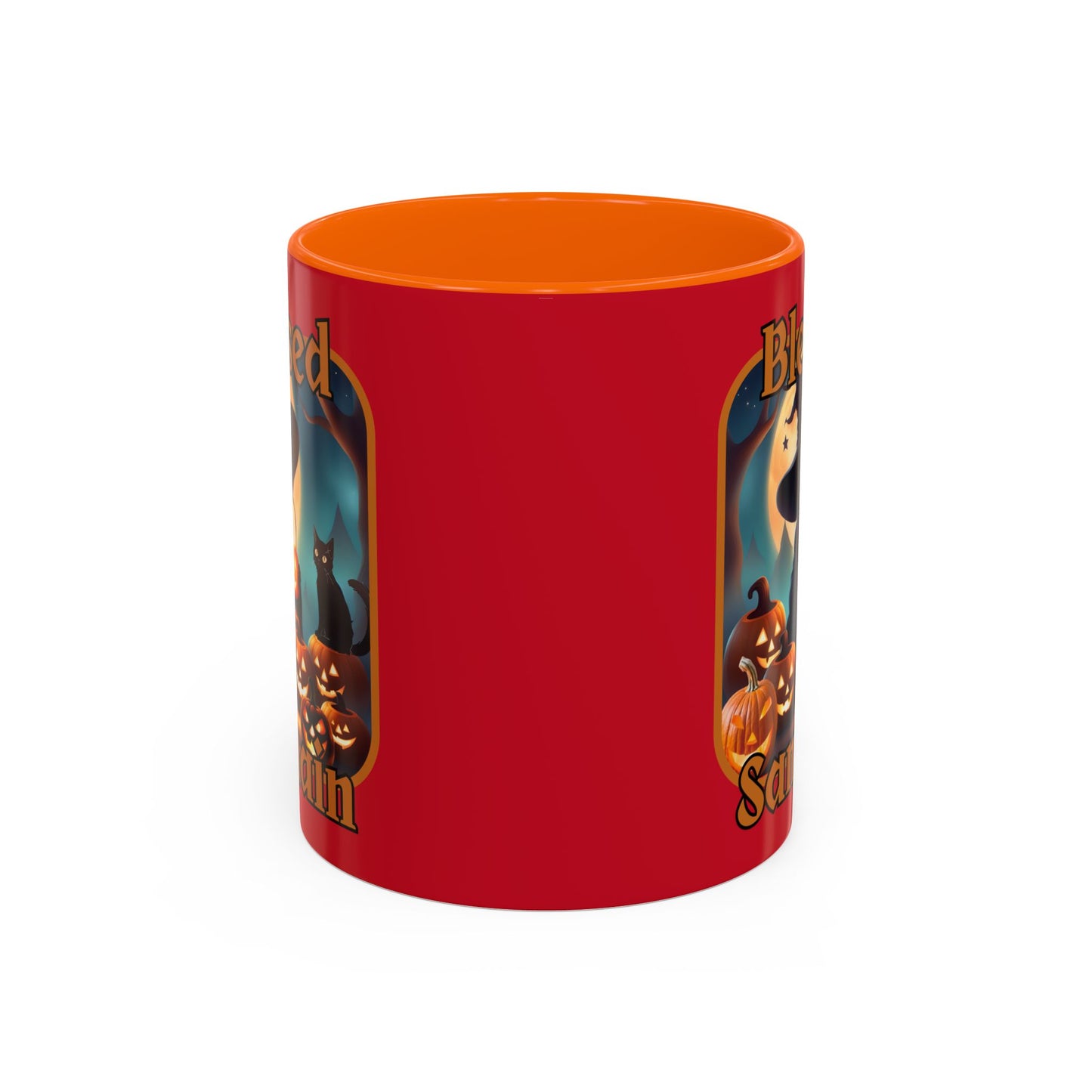 Blessed Samhain Cute Witch Orange font Red Accent Mug by CreepyCrafts.boo