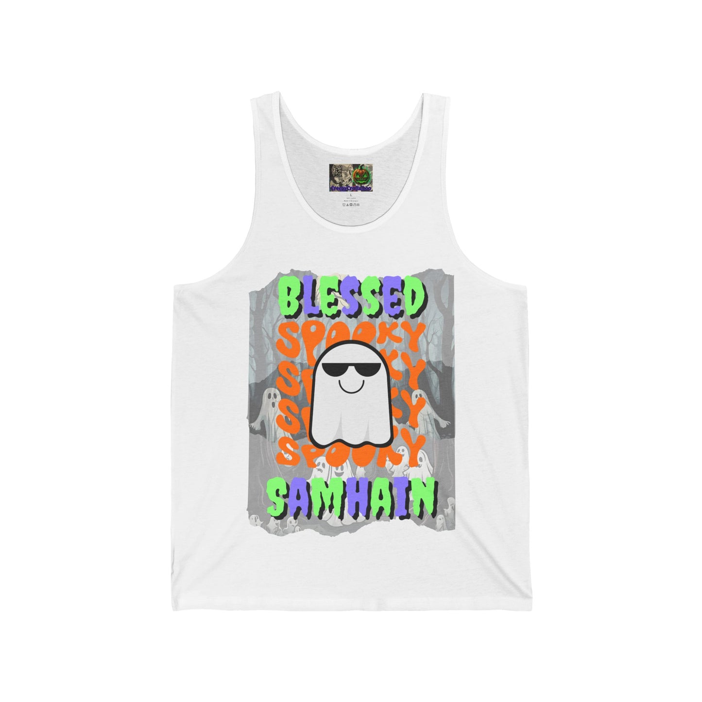 Spooky Blessed Samhain Ghost Mixed font Unisex Jersey Tank Top by CreepyCrafts.boo