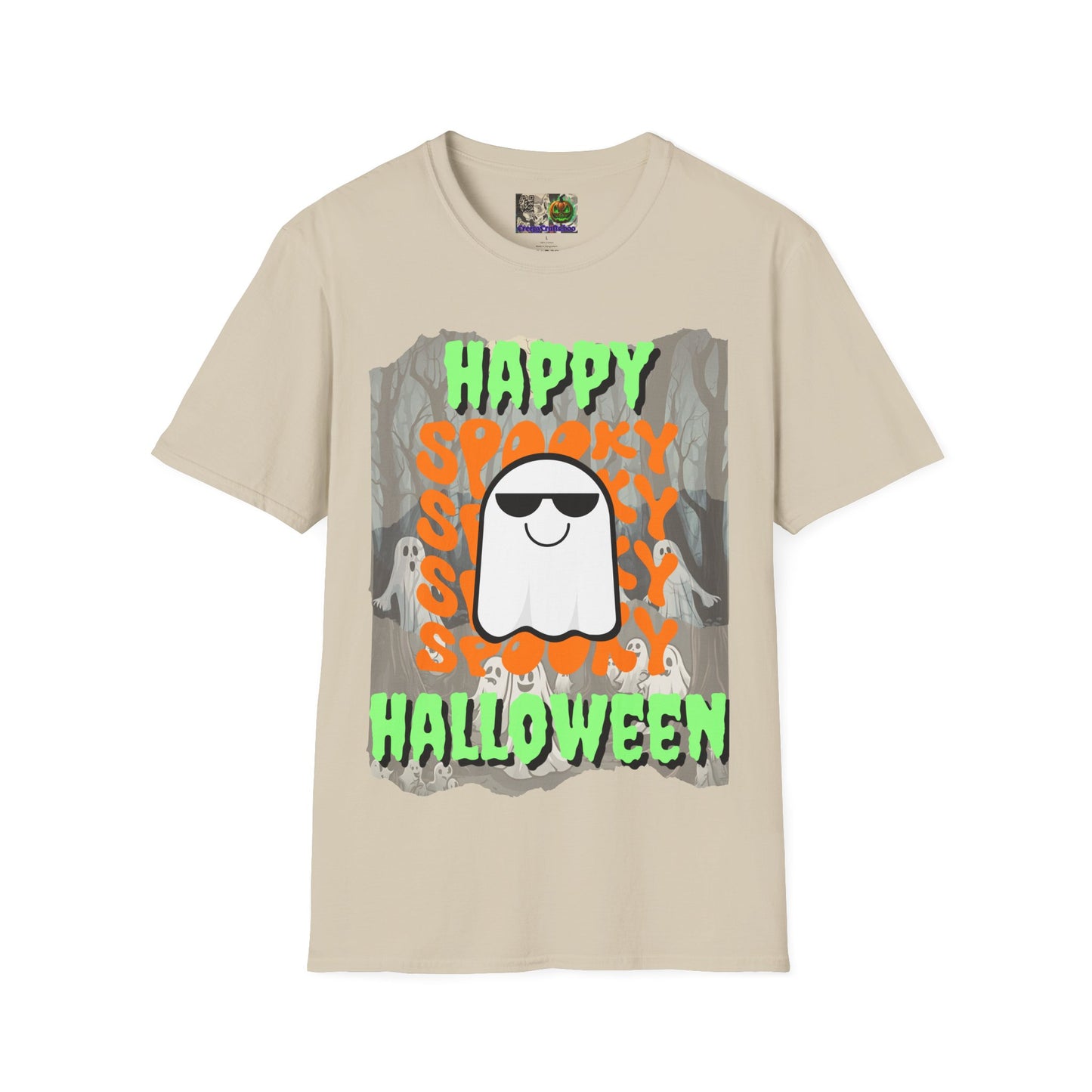 Spooky Happy Halloween Ghost Light colors Green font Unisex T-Shirt by CreepyCrafts.boo