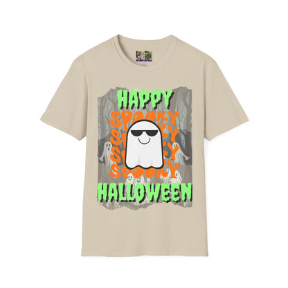 Spooky Happy Halloween Ghost Light colors Green font Unisex T-Shirt by CreepyCrafts.boo