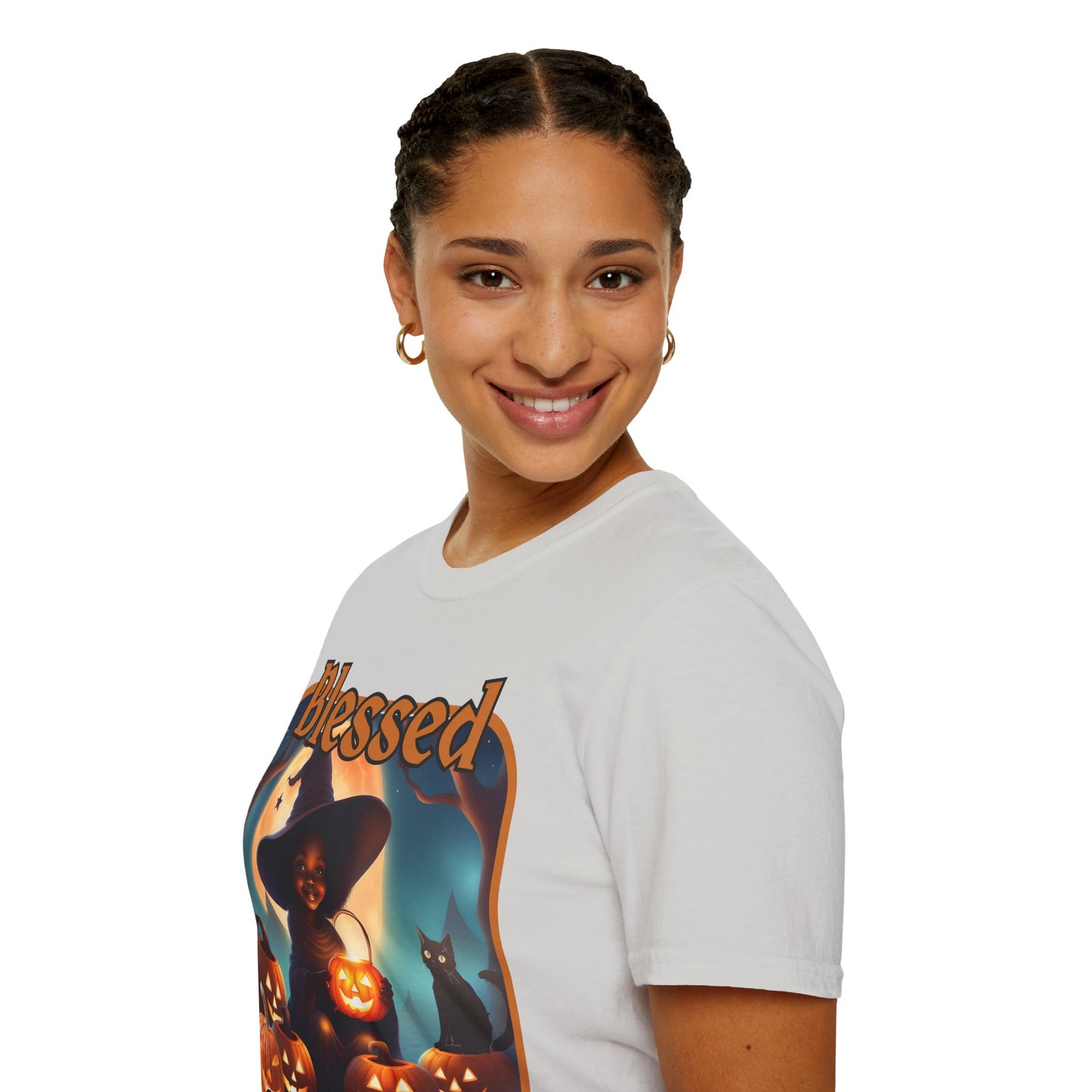 Blessed Samhain Cute Witch Orange font Light colors Unisex T-Shirt by CreepyCrafts.boo