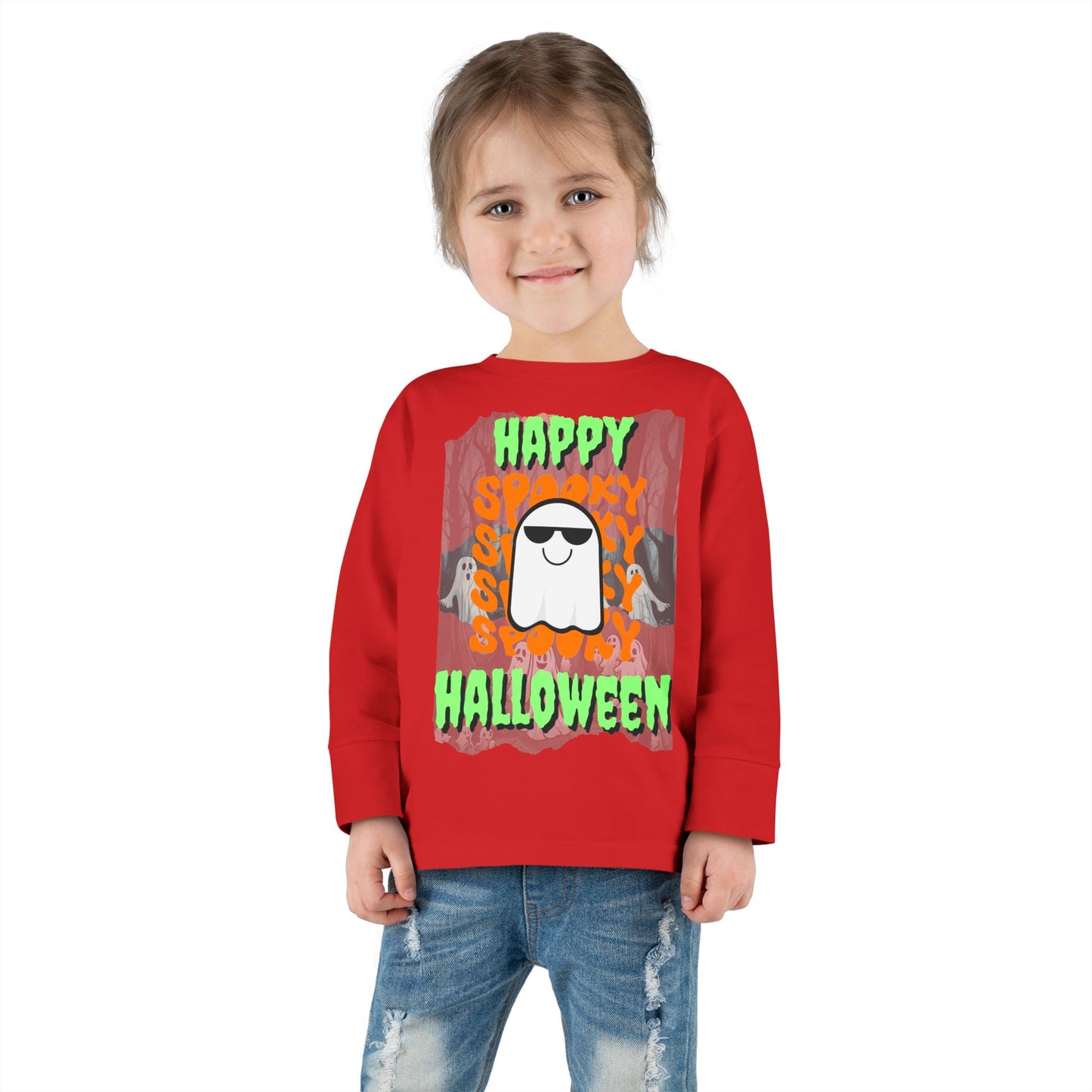 Spooky Happy Halloween Ghost Green font Toddler Long Sleeve Tee by CreepyCrafts.boo