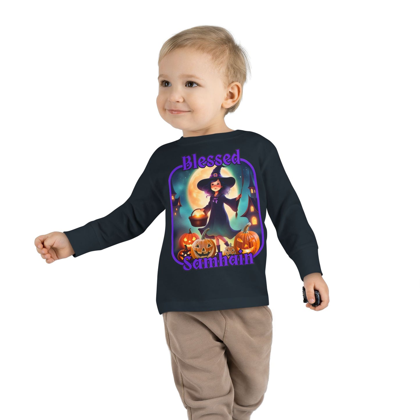 Blessed Samhain Little Witch Purple font Toddler Long Sleeve Tee by CreepyCrafts.boo