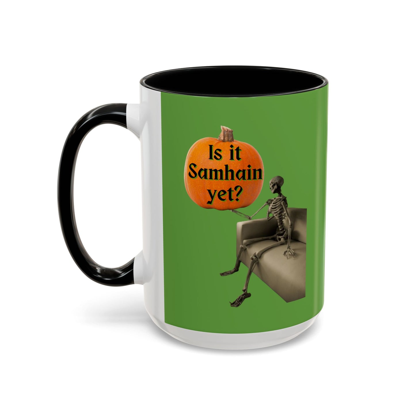 Is it Samhain yet? Skeleton's Pumpkin Green Accent Mug by CreepyCrafts.boo