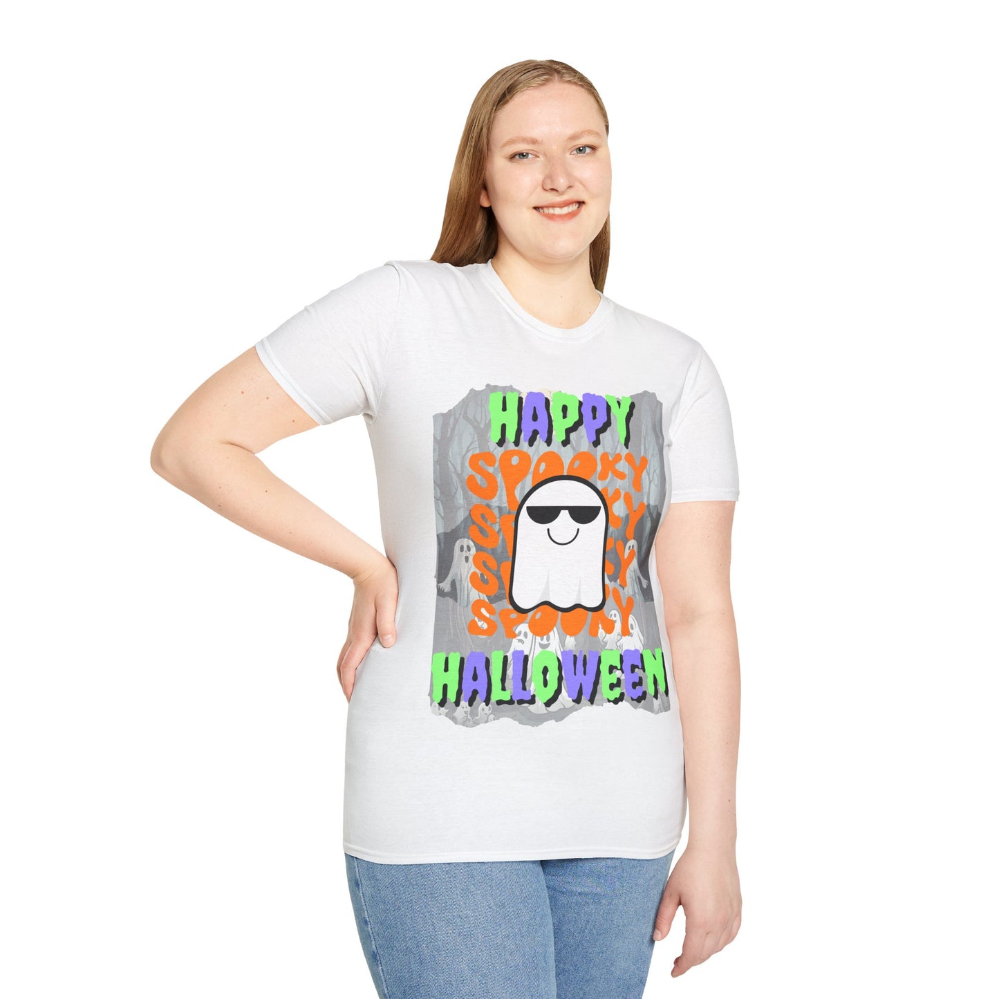 Spooky Happy Halloween Ghost Light colors Mixed font Unisex T-Shirt by CreepyCrafts.boo