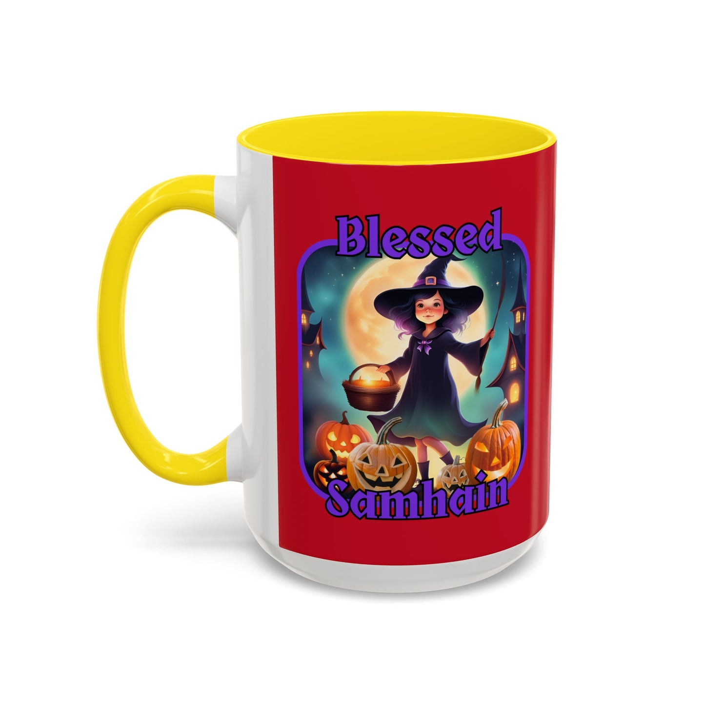 Blessed Samhain Little Witch Purple font Red Accent Mug by CreepyCrafts.boo