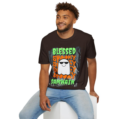 Spooky Blessed Samhain Ghost Green font Unisex T-Shirt by CreepyCrafts.boo
