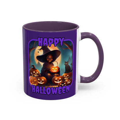 Happy Halloween Cute Witch Purple font Purple Accent Mug by CreepyCrafts.boo