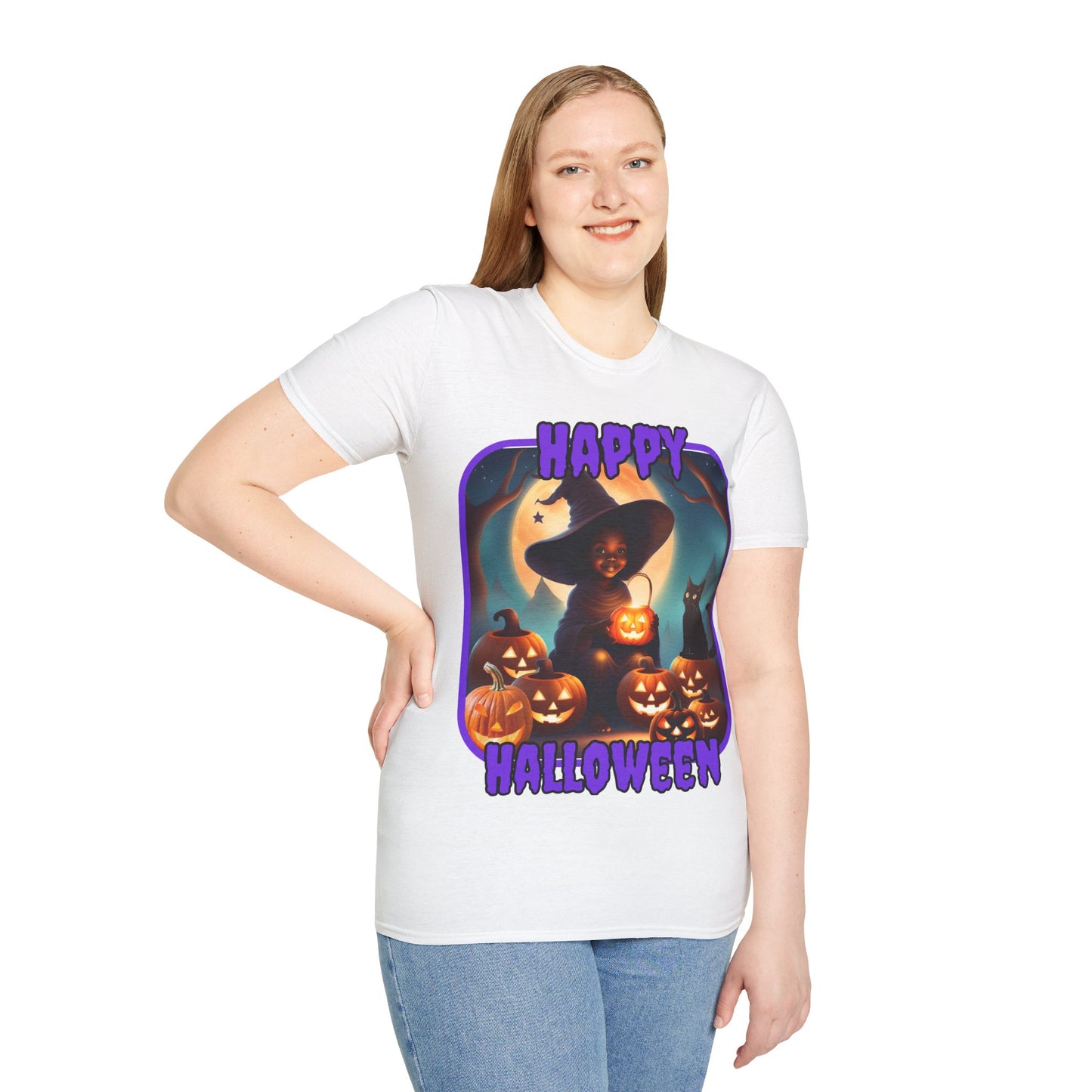 Happy Halloween Cute Witch Purple font Light colors Unisex T-Shirt by CreepyCrafts.boo