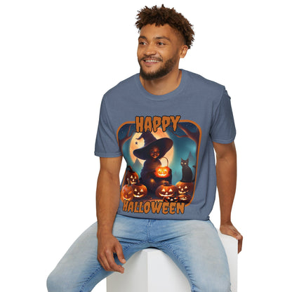 Happy Halloween Cute Witch Orange font, Dark colors, Unisex T-Shirt by CreepyCrafts.boo