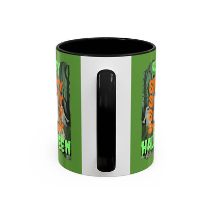 Spooky Happy Halloween Ghost Green font Green Accent Mug by CreepyCrafts.boo