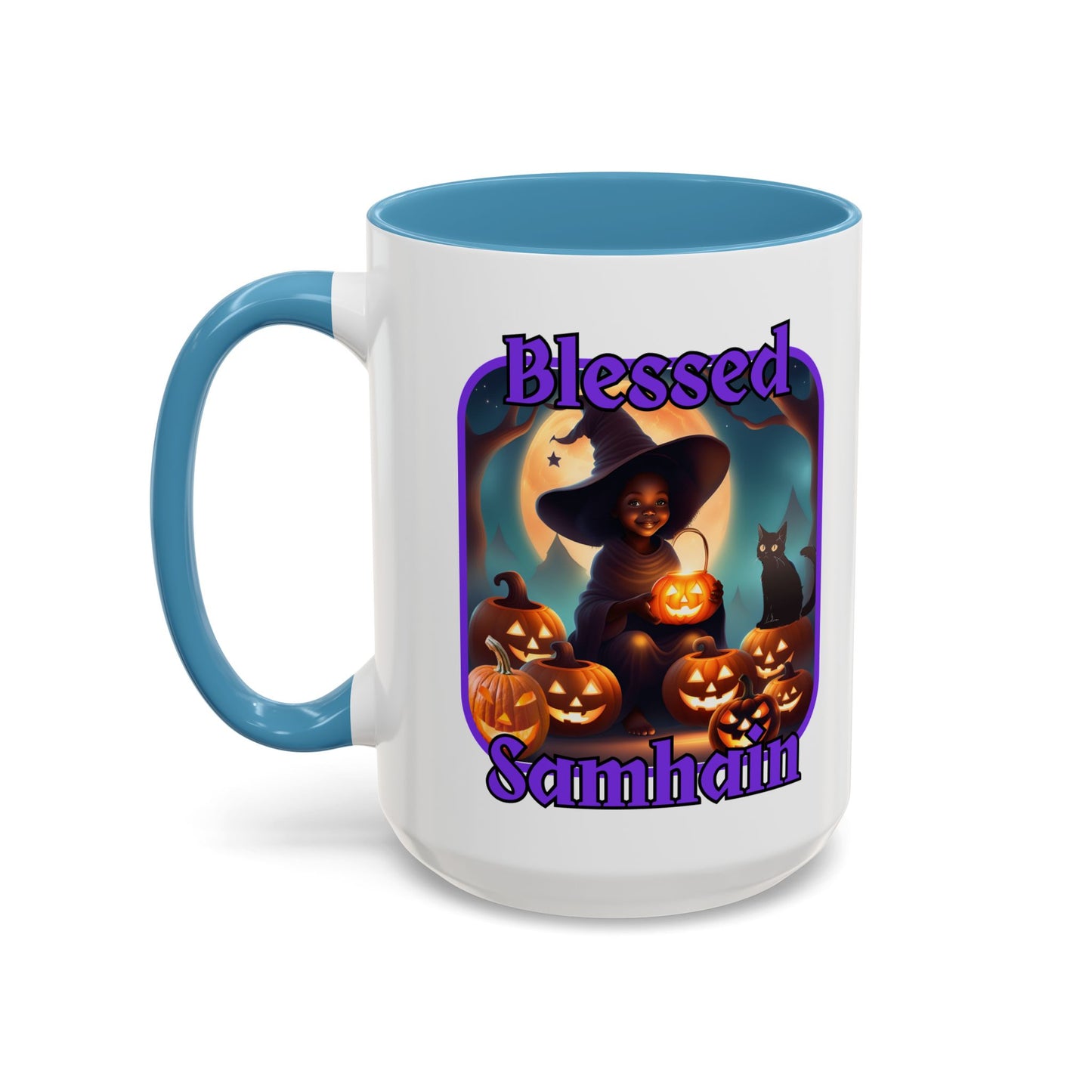 Blessed Samhain Cute Witch Purple font White Accent Mug by CreepyCrafts.boo