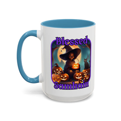 Blessed Samhain Cute Witch Purple font White Accent Mug by CreepyCrafts.boo