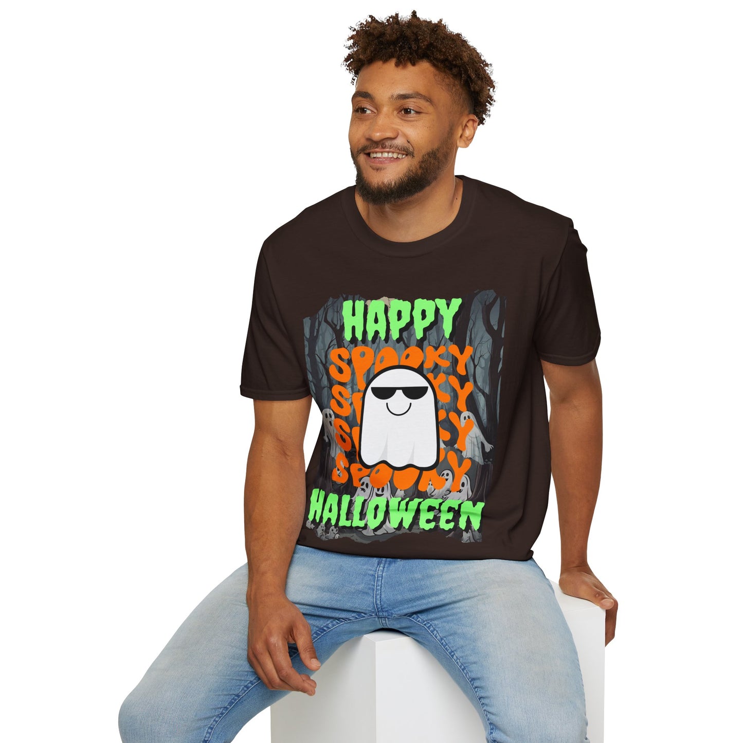 Spooky Happy Halloween Ghost Dark colors Green font Unisex T-Shirt by CreepyCrafts.boo