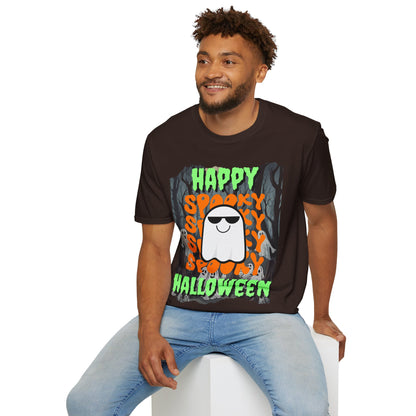 Spooky Happy Halloween Ghost Dark colors Green font Unisex T-Shirt by CreepyCrafts.boo