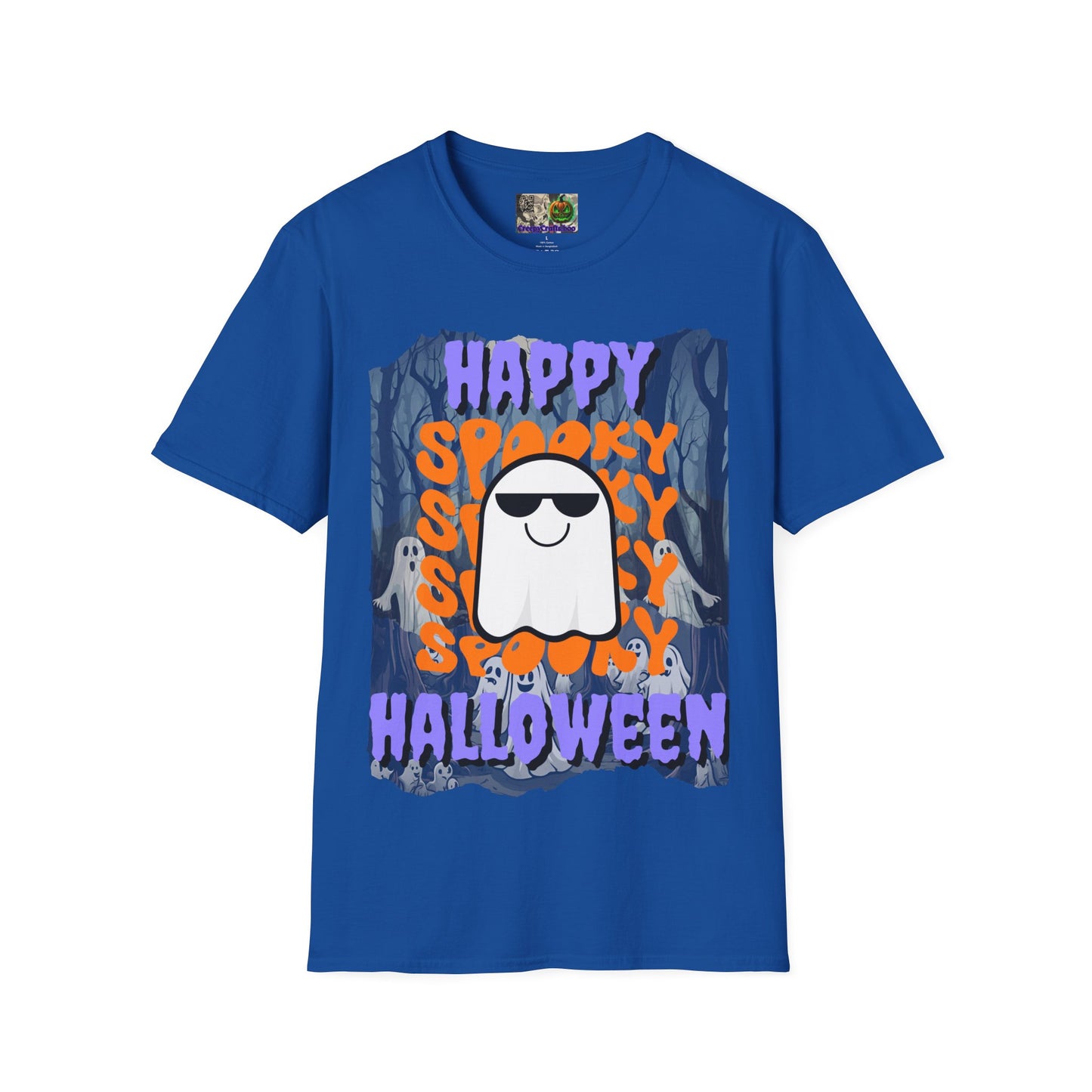 Spooky Happy Halloween Ghost Dark colors Purple font Unisex T-Shirt by CreepyCrafts.boo