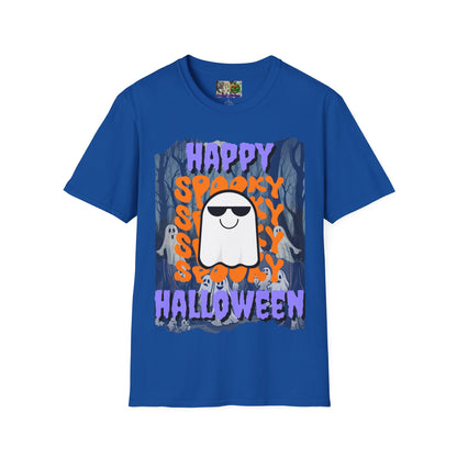 Spooky Happy Halloween Ghost Dark colors Purple font Unisex T-Shirt by CreepyCrafts.boo