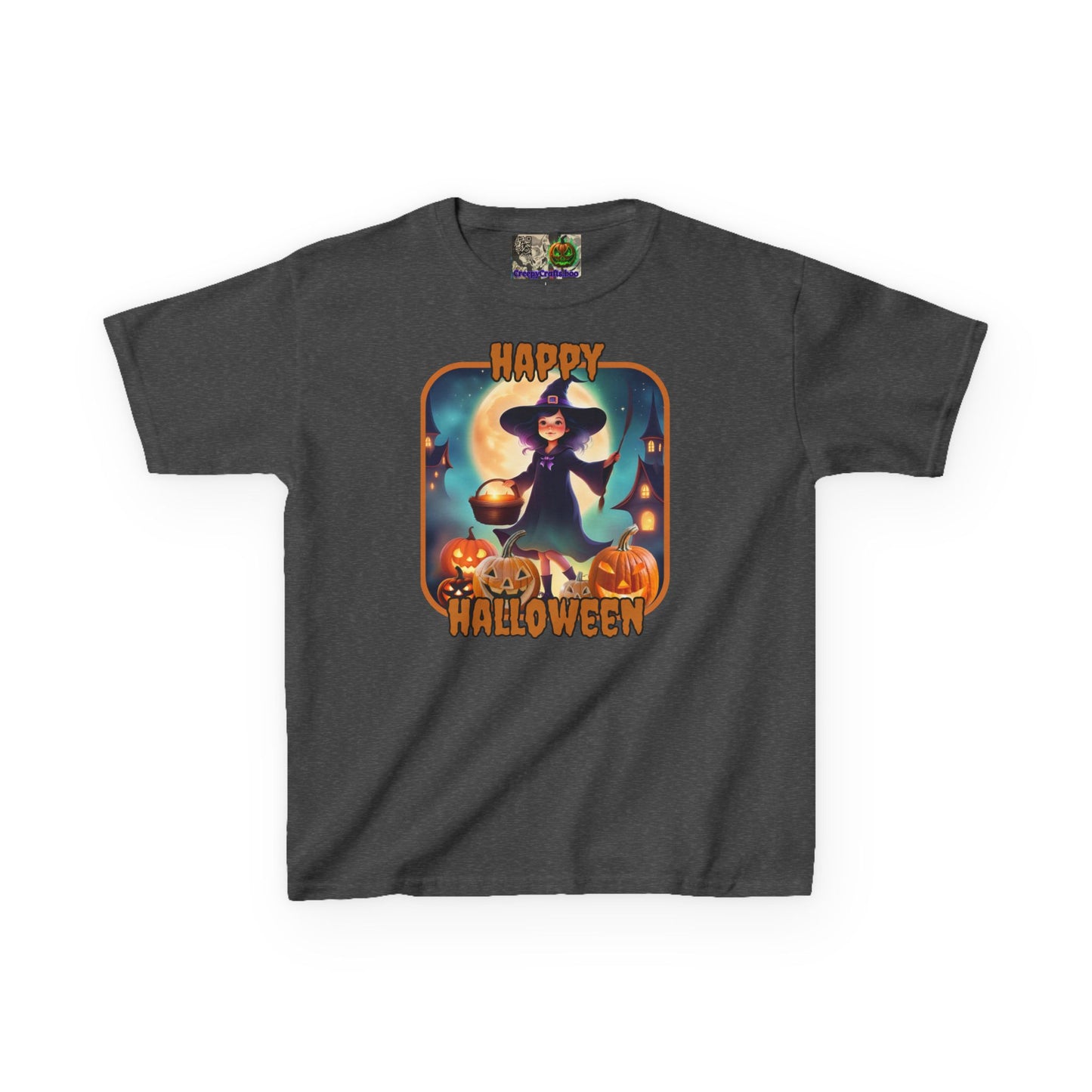 Happy Halloween Little Witch Orange font Kids Heavy Cotton™ Tee by CreepyCrafts.boo