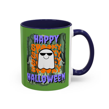 Spooky Happy Halloween Ghost Purple font Green Accent Mug by CreepyCrafts.boo