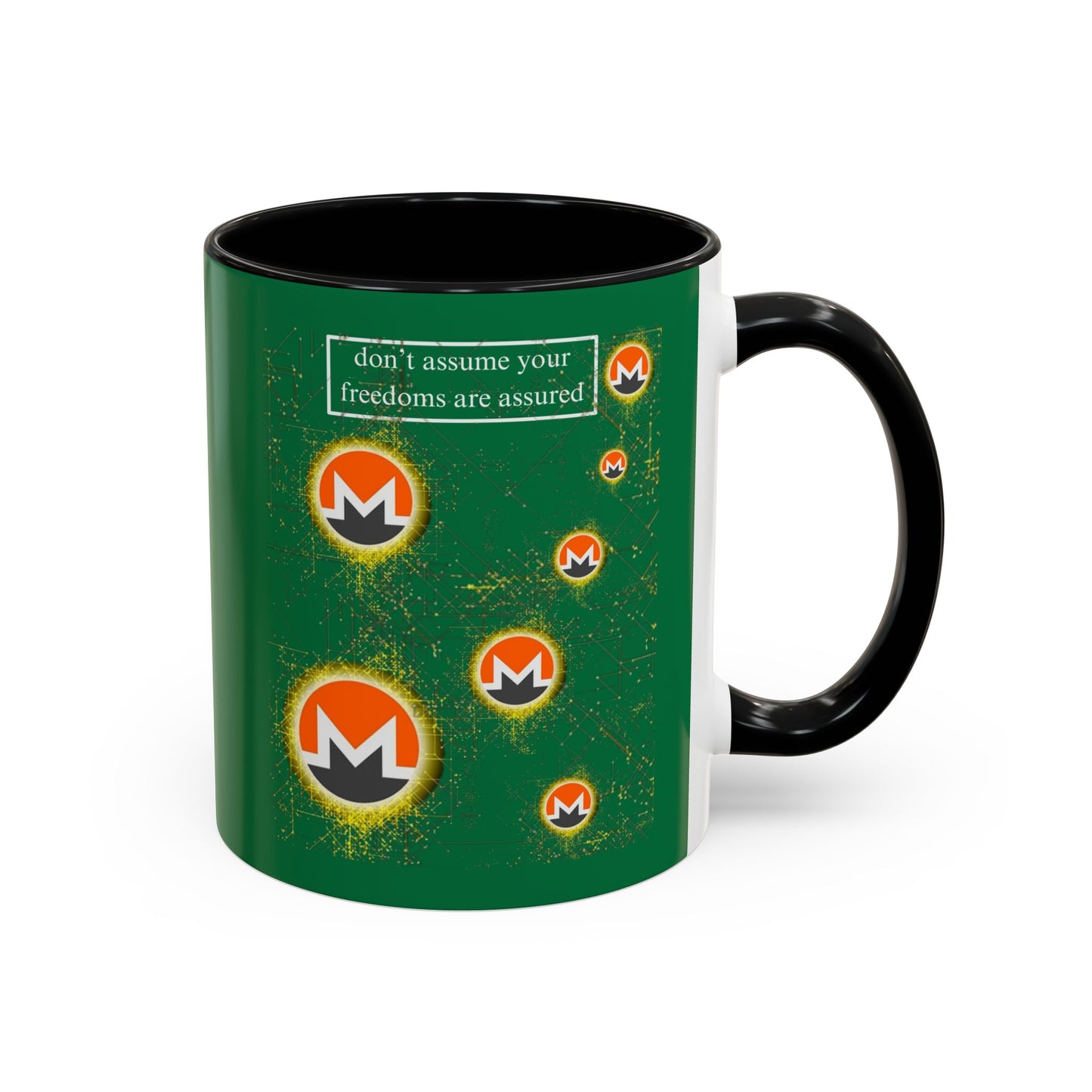 Monero (XMR) don't assume your freedoms are assured Green Accent Mug by cypherpunkgear.com