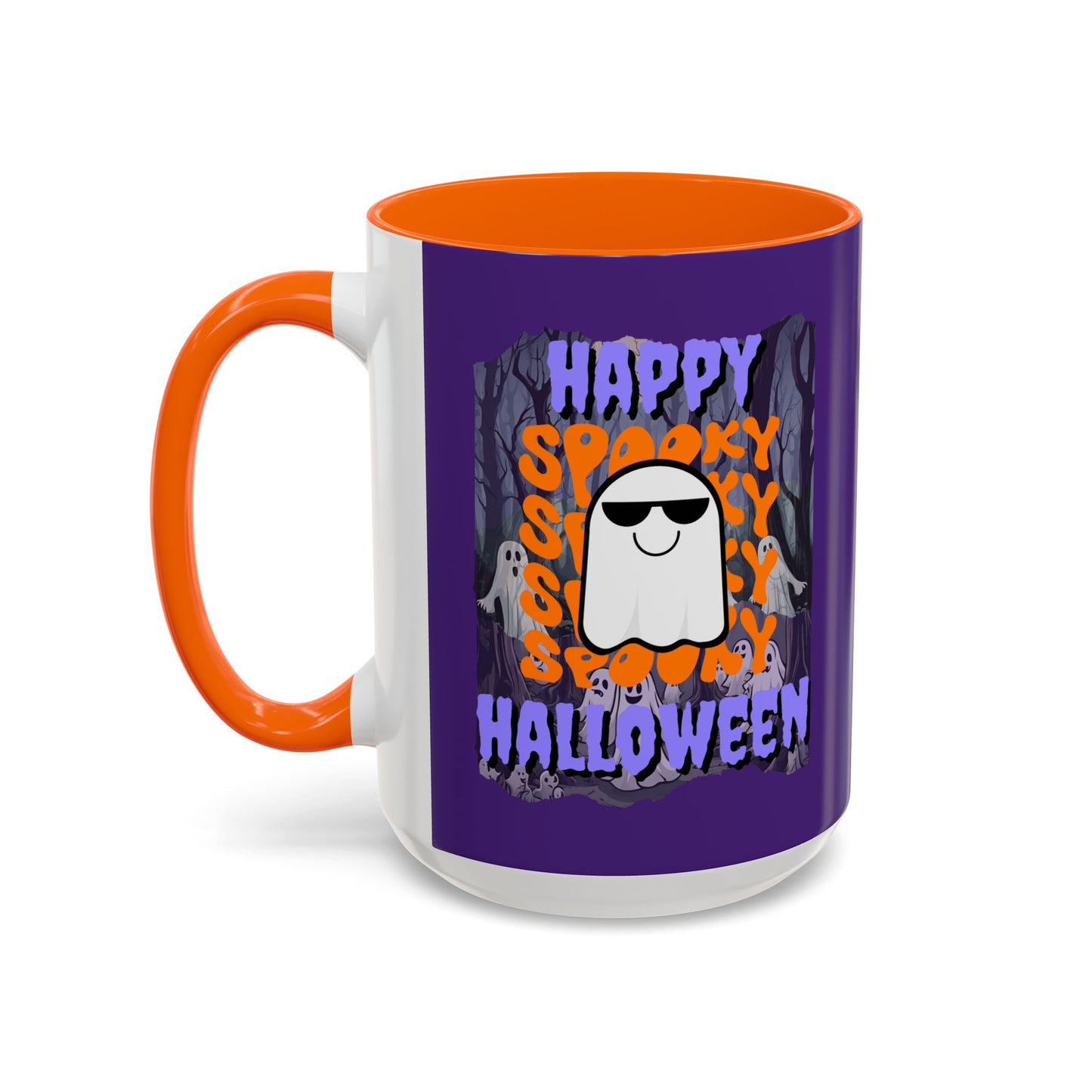 Spooky Happy Halloween Ghost Purple font Purple Accent Mug by CreepyCrafts.boo
