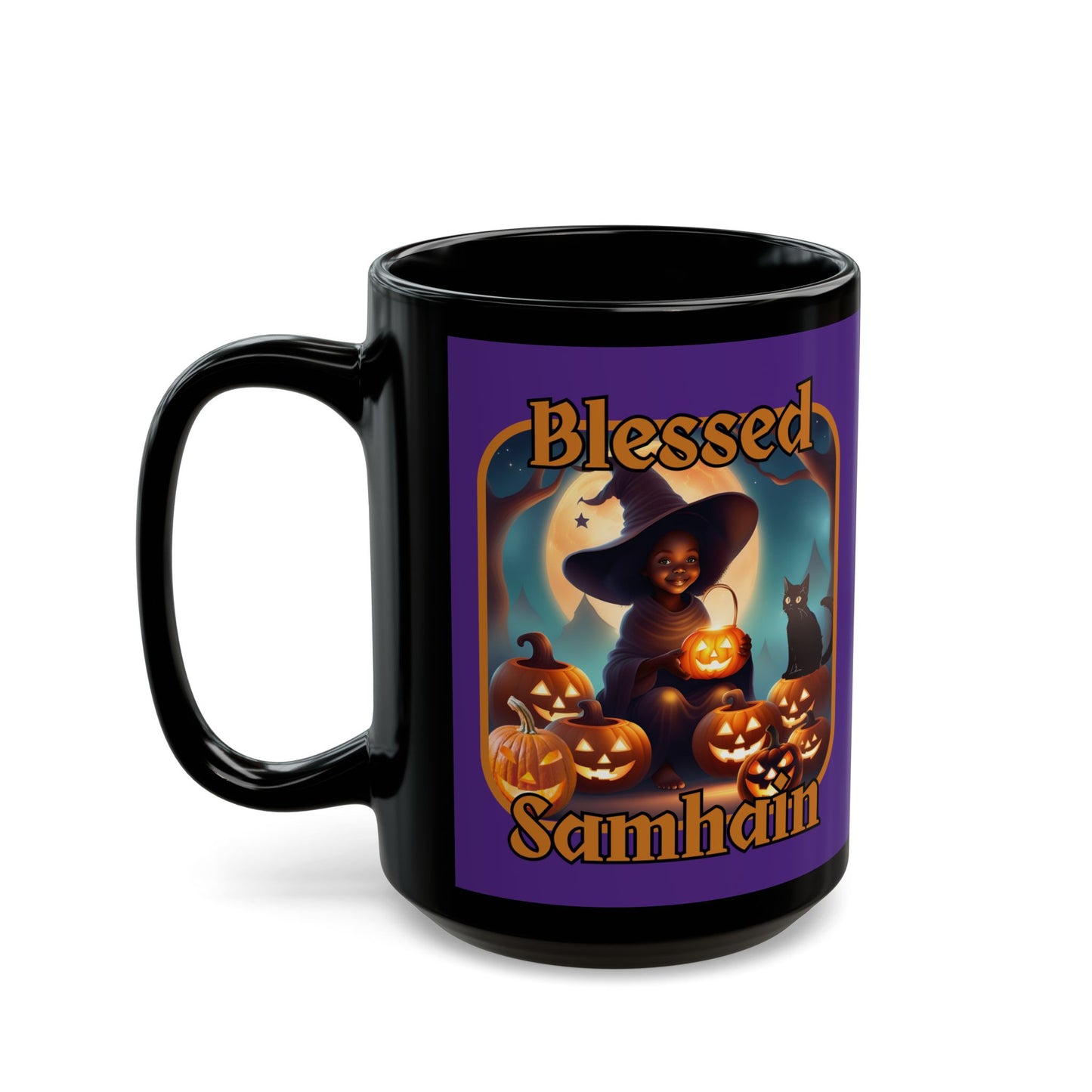 Blessed Samhain Cute Witch Orange font Purple Mug by CreepyCrafts.boo